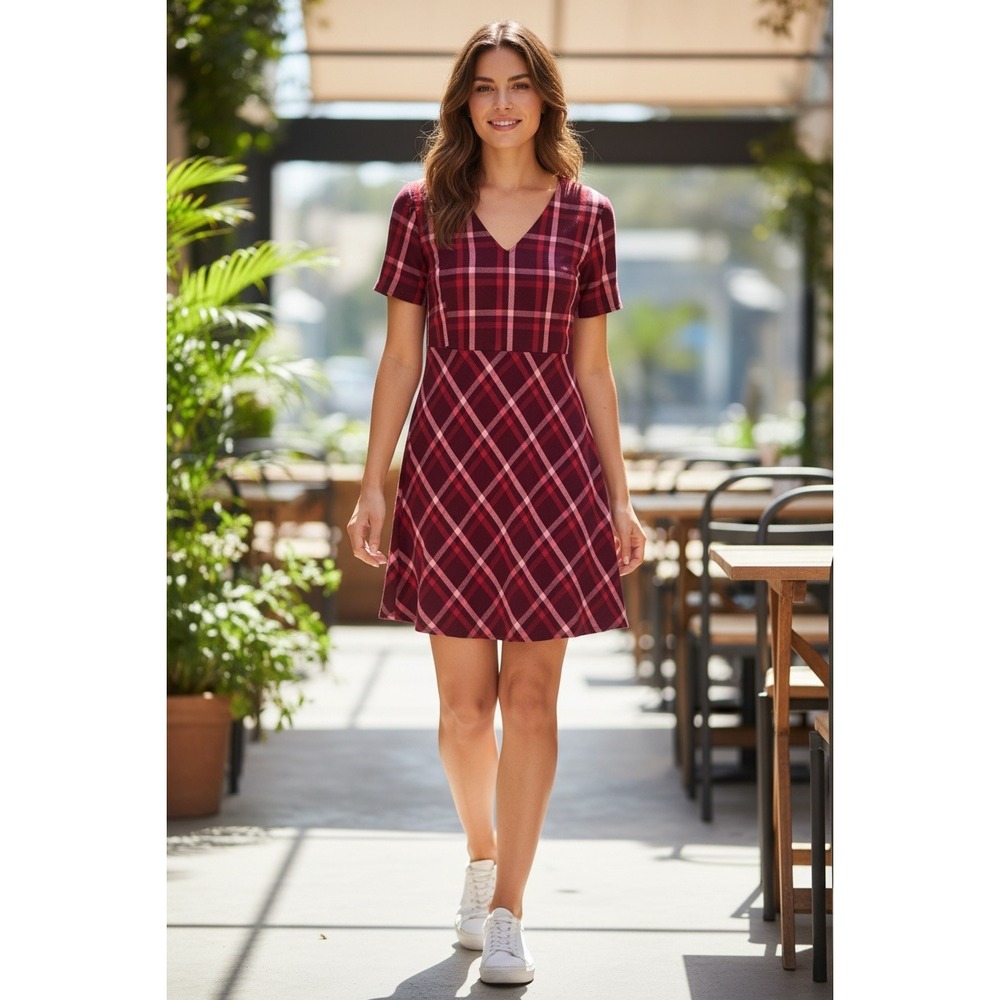 J. Jill Women Size M Red‎ Burgundy Plaid V-Neck Fit and Flare Rayon Dress